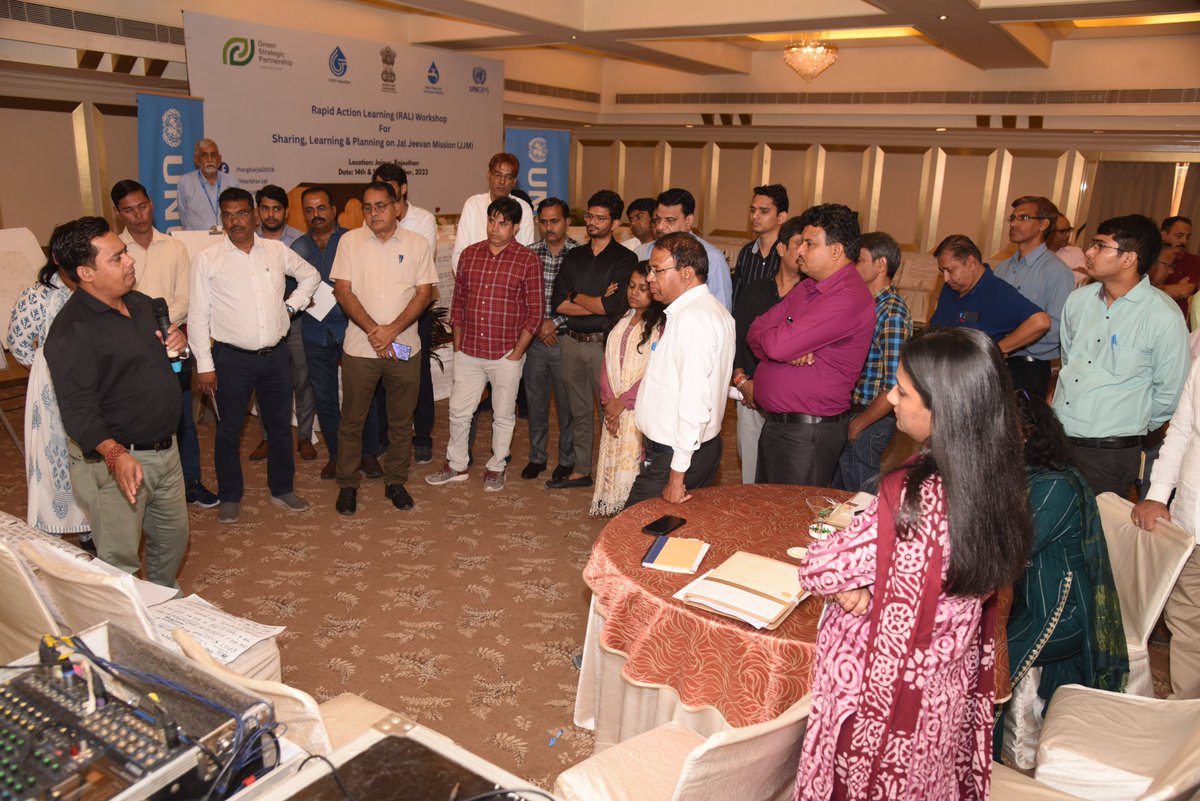 UNOPS_India's tweet photo. Hunting and Gathering session going on that Rajasthan #stateRALworkshop to learn and share from the good practices under Jal Jeevan Mission, India in the state. @mahajan_vini @iamvikassheel @UNOPS @RajGovOfficial @MinisterPHEDRaj @jaljeevan_ @DenmarkinIndia https://t.co/A8PKWhqHMv