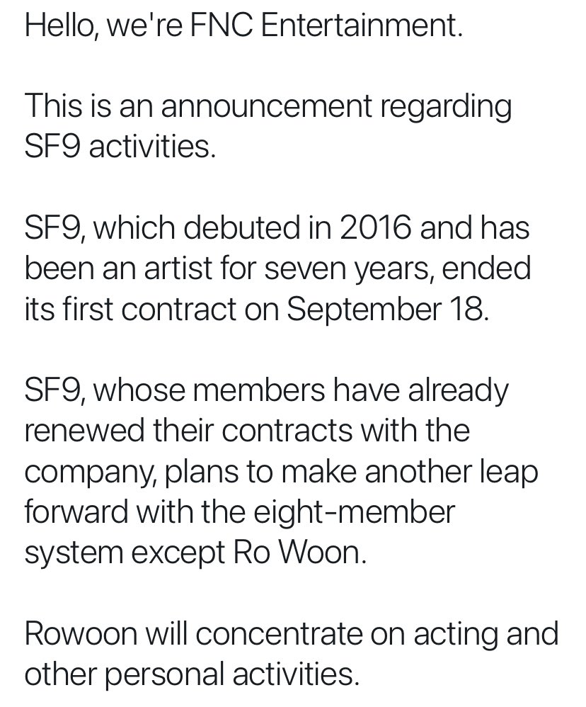lalunatua's tweet photo. sf9 will continue as an 8 member group without rowoon.

last photo: rowoon's handwritten letter. https://t.co/wRhtDN4rbC
