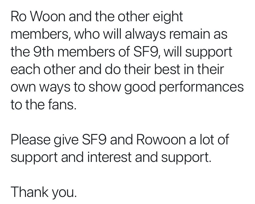 lalunatua's tweet photo. sf9 will continue as an 8 member group without rowoon.

last photo: rowoon's handwritten letter. https://t.co/wRhtDN4rbC