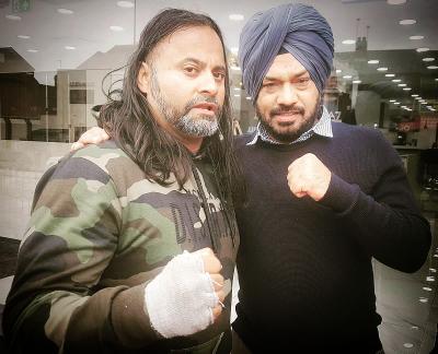 Sunny Singh canadian action actor on set with Legendry Comedian,  Bollywood, Pollywood Actor Gurpreet Ghuugi pajee.  <a href="/GurpreetGhuggi/">Gurpreet Ghuggi</a>