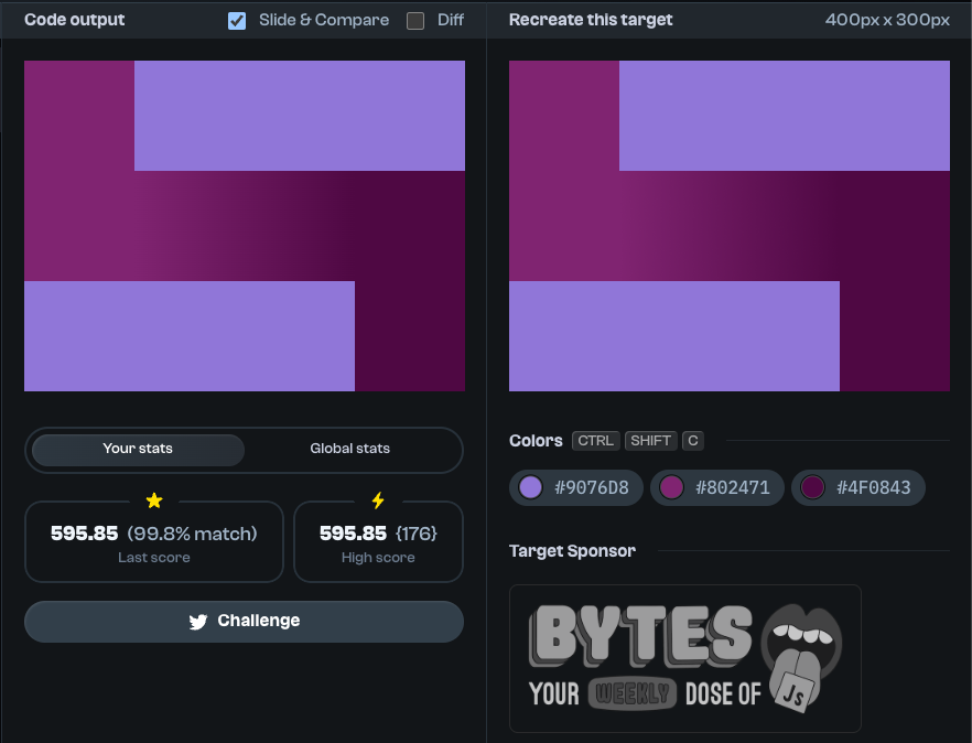 _mitsuki_se_'s tweet image. {⚔️} #CSSBattleDaily streak: Sep 18  — 595.85 score / 176 chars cssbattle.dev/play/x0L7nQMy9… via @css_battle 

マッチ度がどうしてもあと0.2%上げられない😭
Diffは真っ黒なのに😭