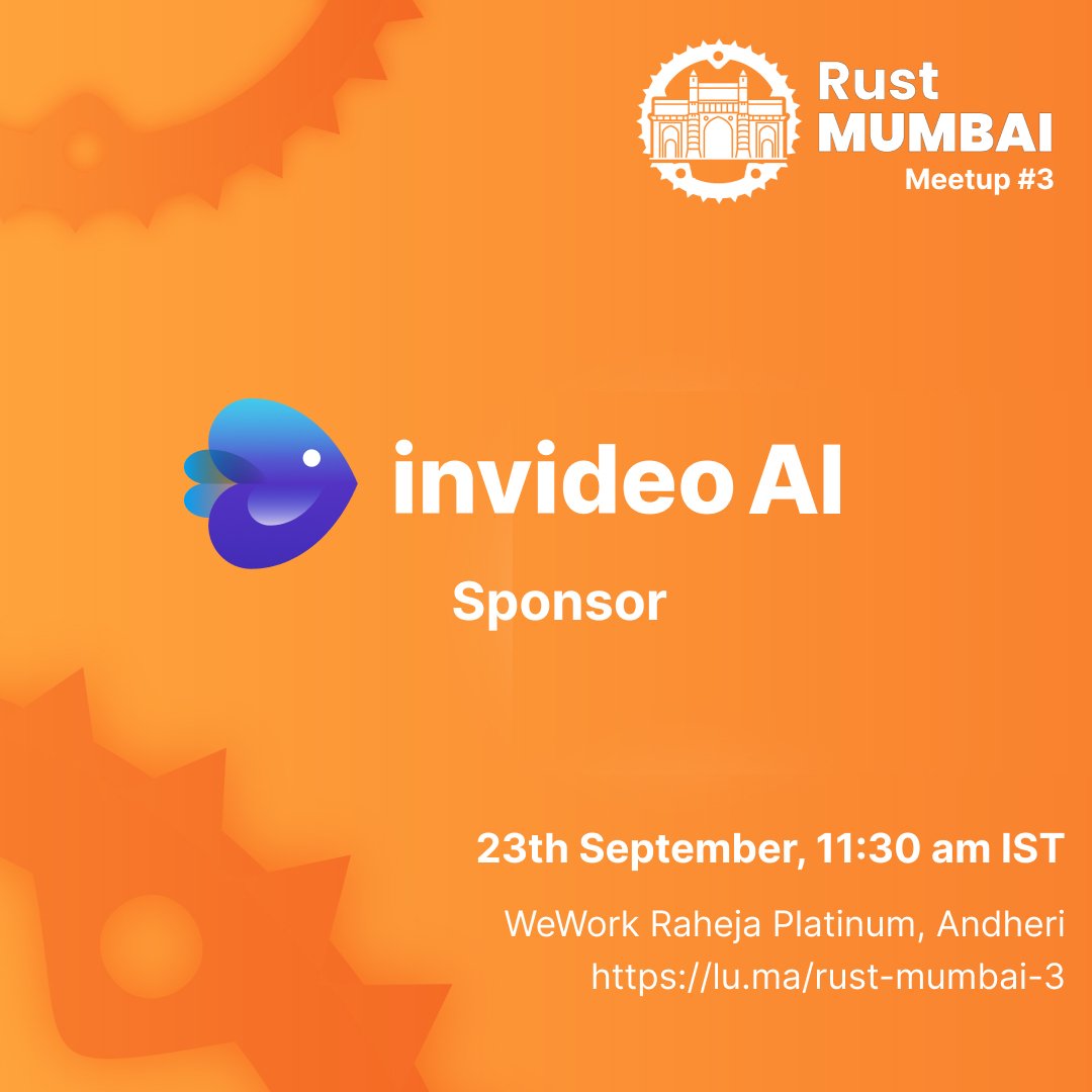 Exciting News! 🎉

We're delighted to be the main sponsor for @RustMumbai's meetup with @RedBadgerTeam & @RustLondon_ on Sep 23! 

Get ready to dive into #RustInEnterprise & the game-changing #Crux framework. 🦀🚀
#invideoAI #RustMumbai