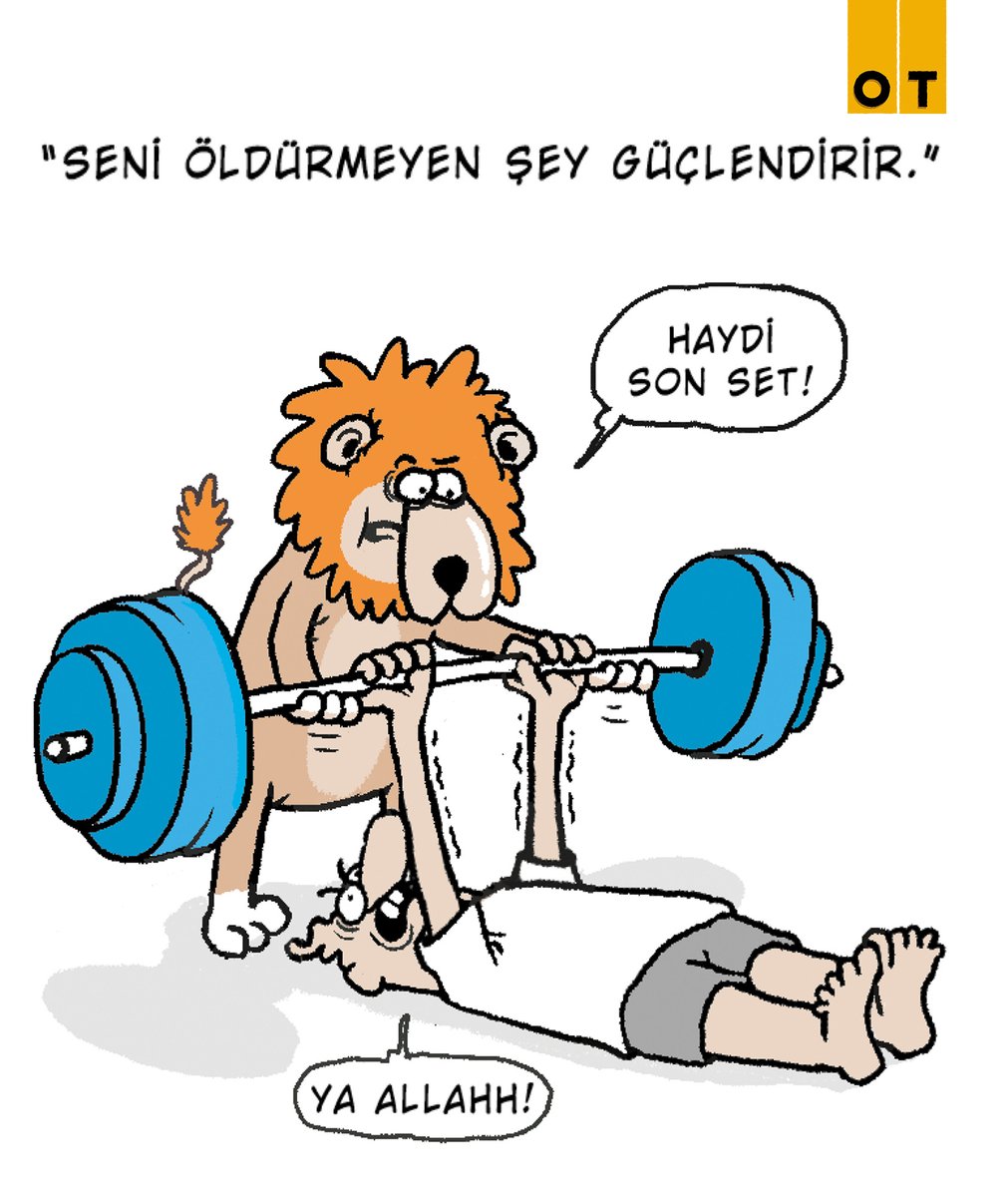 'Seni öldürmeyen şey güçlendirir.' Bu #Pazartesi de başladığı gibi bitecek, hafta sonu şıp diye gelecek 🙃 dayanın ali cabbarlar! #OTdergi 🧡 Herkese #İyiHaftalar #İlkerAltungök karikatürleriyle #Eylül sayımızda ✍️ @ilkeraltungok