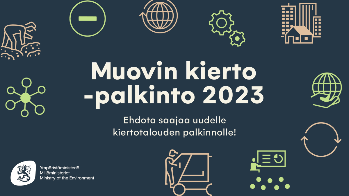 yministerio's tweet photo. Ehdota saajaa uudelle Muovin kierto -palkinnolle!

Palkinnon saajaksi haetaan henkilöä tai organisaatiota, joka on edistänyt muutosta kohti muovin kiertotalouden läpimurtoa.

🏆Lue lisää ja ehdota palkinnon saajaa 26.9. mennessä:
https://t.co/ShueKtdDlI

#muovitiekartta https://t.co/M48EdSSMHp