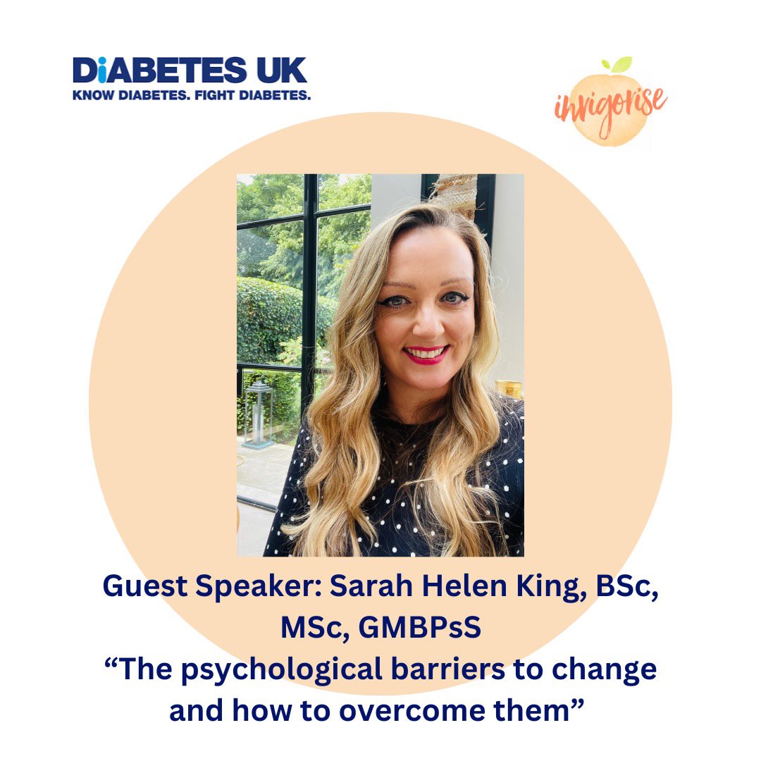 DiabetesUKRT's tweet photo. Can’t get a grasp on overeating? Is ‘exercise’ a dirty word? 

Our very own Sarah Helen is with us tonight to talk about the psychological barriers we have to change, and how to overcome them.  She has been on the DUKRT committee for over 5 years, and owner of Invigorise! https://t.co/wOO6nVhSxA