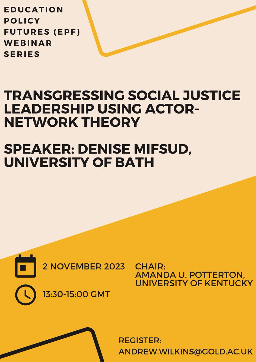 How can we use actor-network theory to problematise, even transgress social justice leadership discourse? Join us for a conversation with @DeniseMifsud4 via webinar on 2 November Email/DM to attend