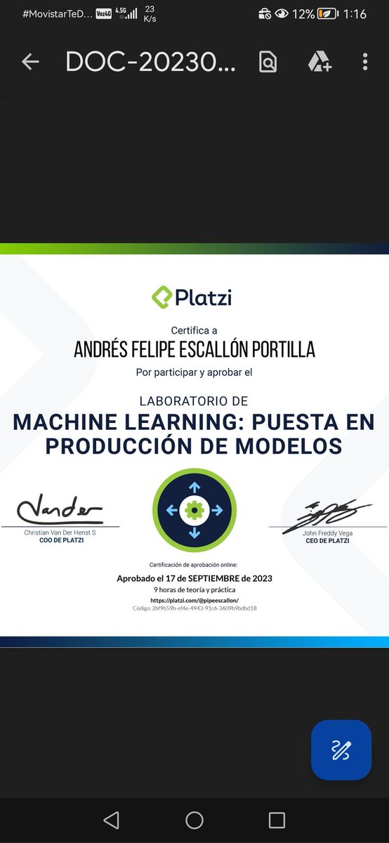 ¡Aprobé el Laboratorio de Aprendizaje de Máquina: Puesta en Producción de Modelos, en @Platzi! #NuncaParesDeAprender platzi.com/p/pipeescallon…