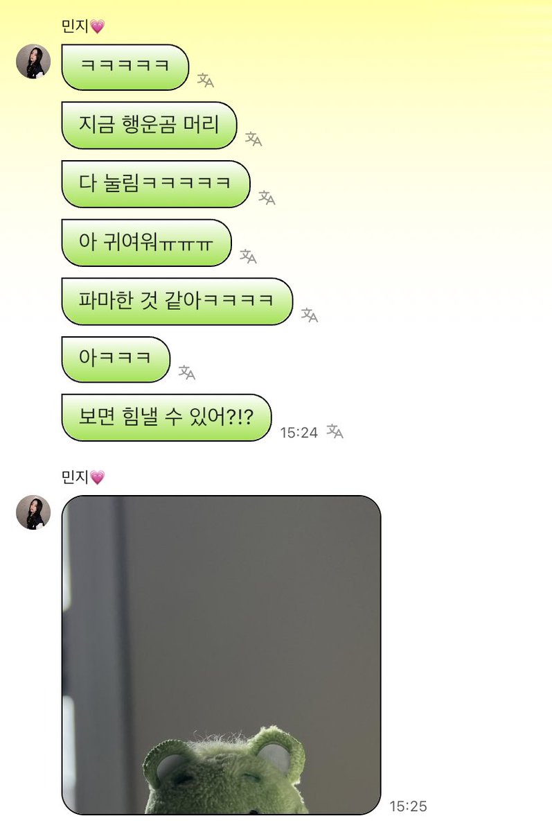 민지가 힘내라고 머리눌린행운곰 사진 보내줌