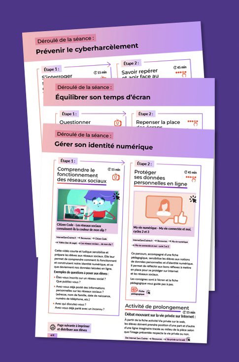 #enseignants #animateurs 
🚨Avez-vous téléchargé notre kit #collège ?
✅ 3 séances clés en main pour apprendre à : 
✔️ Équilibrer son temps d’#écran 
✔️ Prévenir le #cyberharcèlement 
✔️ Gérer son #identité #numérique 
👉 internetsanscrainte.fr/ressources/kit…
#BienvenueLes6e #EMI #EMC