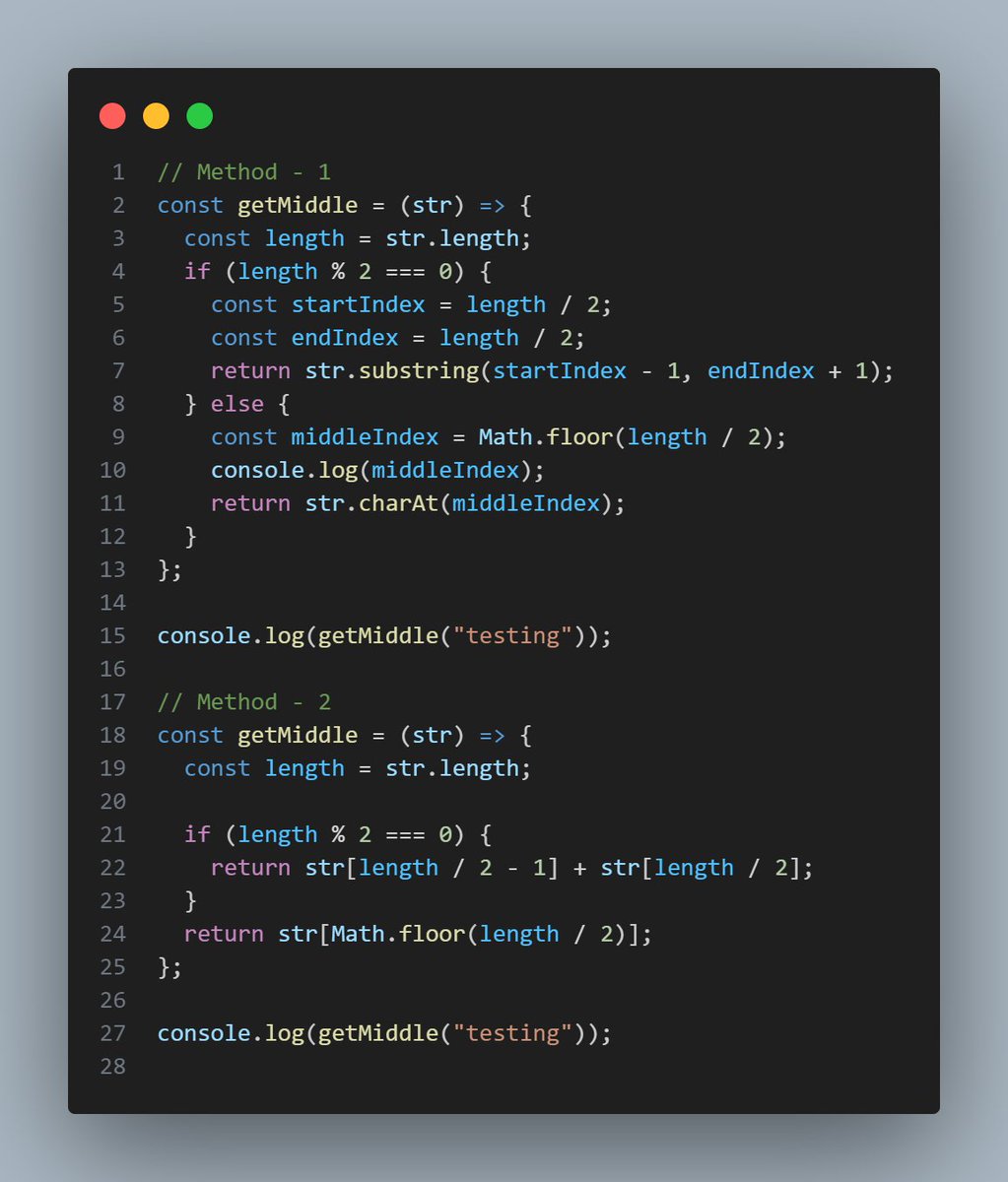 CoderSyed's tweet image. Get middle character/s in a string using #js #day2 #problemsolving #codewars