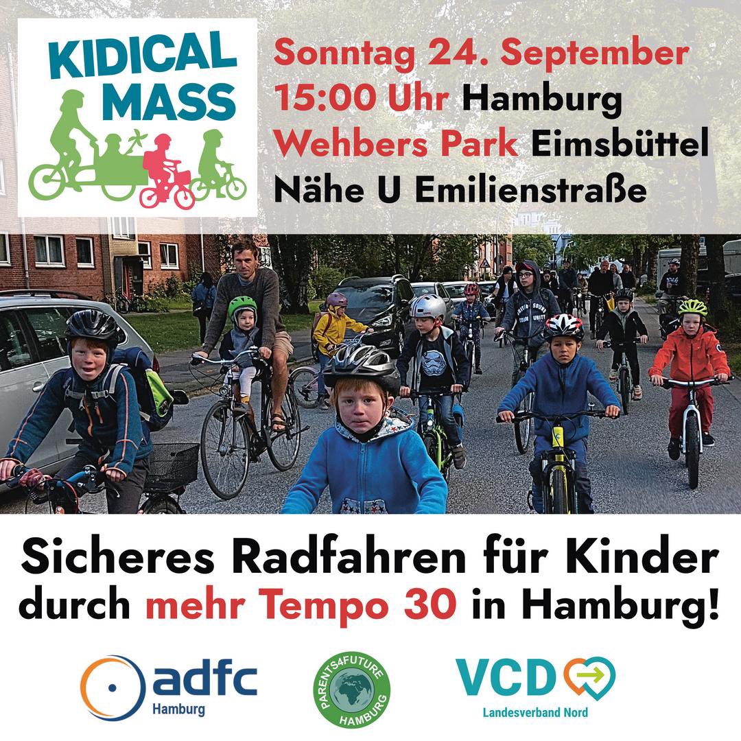 Ende dieser Woche, am Sonntag den 24. September ist wieder #KidicalMass in #Hamburg.

Wir treffen uns um 15:00 Uhr mit unseren Fahrrädern im #Eimsbüttel im Wehbers Park.

Dann fahren wir gemeinsam zur Moorweide am Dammtor. 

Kommt alle.
