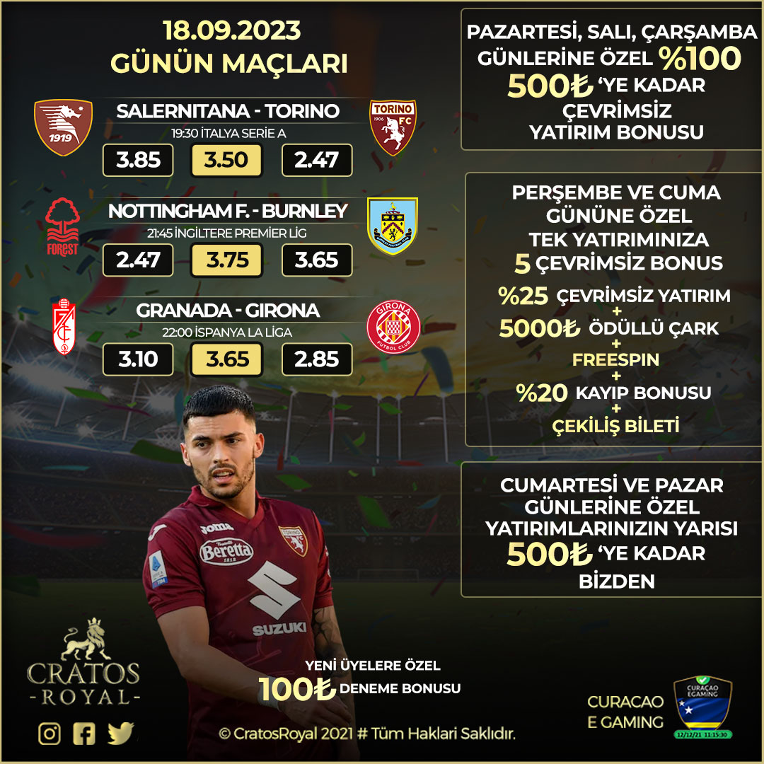 👑#CratosRoyalBet' te Her Gün 12:00 - 16:00 Arası Her Yatırıma %25 Bonus!

🏟Salernitana - Torino
🏟Nottingham F. - Burnley
🏟Granada - Girona

🌟%30₺ Anlık Kayıp Bonusu!

✅ #Curacao Lisansı ile Ödeme Garantisi!

👉cratos.ws/giris
📺cratos.ws/TV