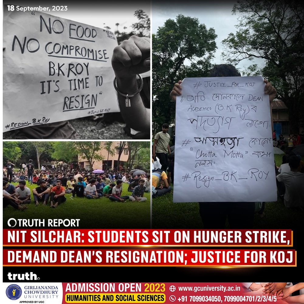 thetruthin's tweet photo. ⚡️#Justice4Koj: Students of NIT Silchar sit on a ‘Hunger Strike’ against the Authorities of the Institution over the injustice to one of their students, who claimed his life recently in a tragic case.

The Administration met over a meeting and passed a resolution towards the burning issue.

👉 Consideration in terms of attendance; medical leave; supplementary exams;

👉 Committee formed to examine the suicide case also instances of vandalism;

However, students have expressed their dissatisfaction regarding the resolution and it seeks no action against the Dean. Hence, students have decided to sit on a hunger strike until justice is served.

Koj Buker, the third-year student of NIT-Silchar allegedly died by taking an ‘extreme step’ on the campus, following which his classmates began a protest that eventually turned violent, prompting the police to lathi charge, in which 40 people were injured.

The body of the student, a native of Arunachal Pradesh was found in his hostel room. His classmates prevented the police from removing the body, accusing college authorities of pushing him to this tragic end.