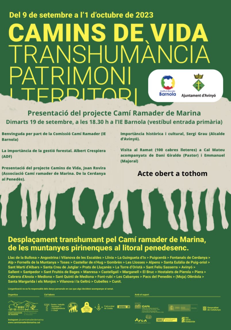 Ajuntament d'Avinyó (@ajavinyo) on Twitter photo Demà a l’<a href="/iebarnola/">IE Barnola</a>: Presentació del projecte Camí Ramader de Marina. Un acte obert a tothom!
📆 19 de setembre
⏰ 18.30 h Demà a l’<a href="/iebarnola/">IE Barnola</a>: Presentació del projecte Camí Ramader de Marina. Un acte obert a tothom!
📆 19 de setembre
⏰ 18.30 h