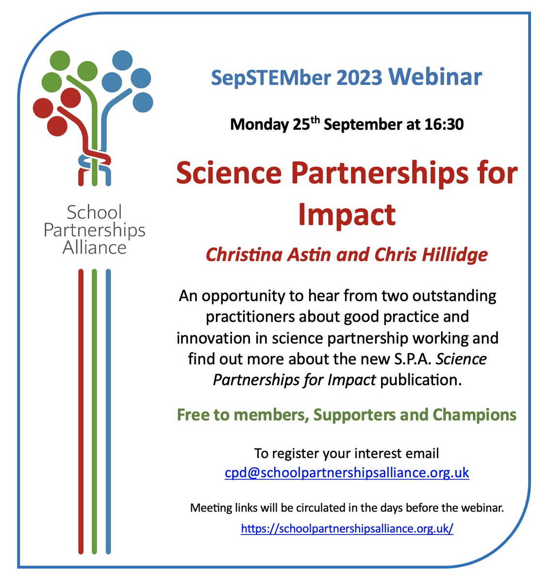 Come and join us for our SepSTEMber webinar featuring the amazing <a href="/ChrisHillidge/">Chris Hillidge</a> and <a href="/ChristinaAstin/">Christina Astin FCCT FInstP</a> - starting our 2023-24 webinar series in style! #PowerofPartnership