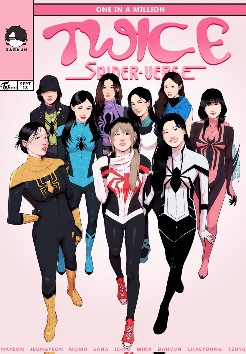 baekun_art's tweet photo. Spider-TWICE! group artwork (unmasked version)
@JYPETWICE @JYPETWICE_JAPAN 

#TWICE #READYTOBE  #Spiderman https://t.co/pV8MBL3G4L