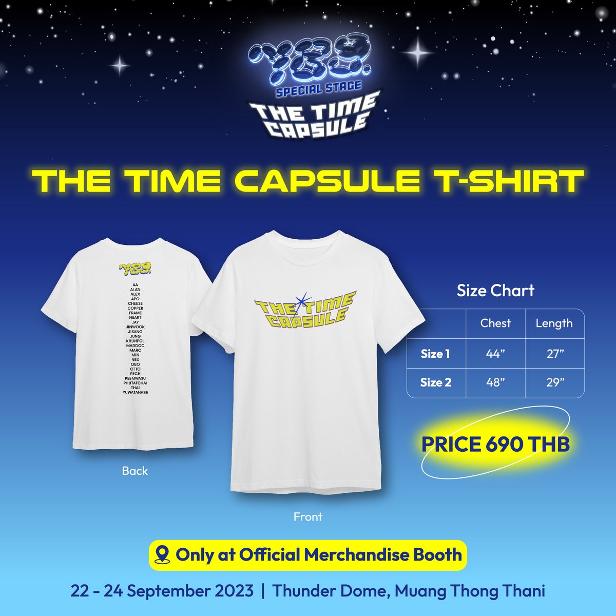 TADAMERCH's tweet photo. NEW &amp; EXCLUSIVE💥

THE TIME CAPSULE T-SHIRT 690.-

🔳Black / White
Size 1 - อก 44” ยาว 27”
Size 2 - อก 48” ยาว 29”

เฉพาะที่ Official Merchandise Booth ในงาน 789 SPECIAL STAGE THE TIME CAPSULE 🚀

🗓️22-24 ก.ย. 66
🕚11.00 น. เป็นต้นไป
📍ธันเดอร์โดม

#789TheTimeCapsule
#TADAMERCH https://t.co/exd13EoCL2