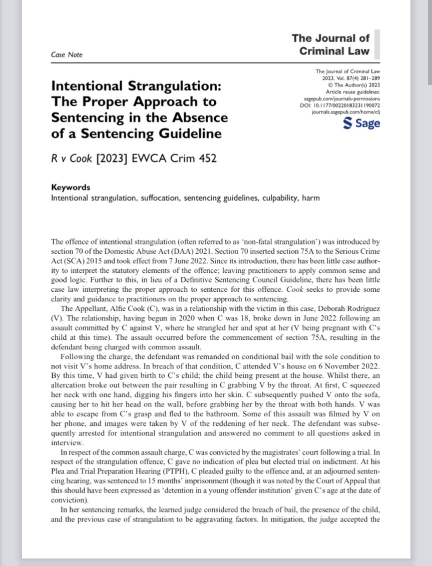 MThomas_CrimLaw's tweet photo. Check out my most recent case note in @JoCrimLaw

Intentional Strangulation: The Proper Approach to Sentencing in the Absence of a Sentencing Guideline: R v Cook [2023] EWCA Crim 452 (2023) 87(4) J Crim L 281.

https://t.co/O3qcYD6Ir6 https://t.co/zXKyTu4k3n
