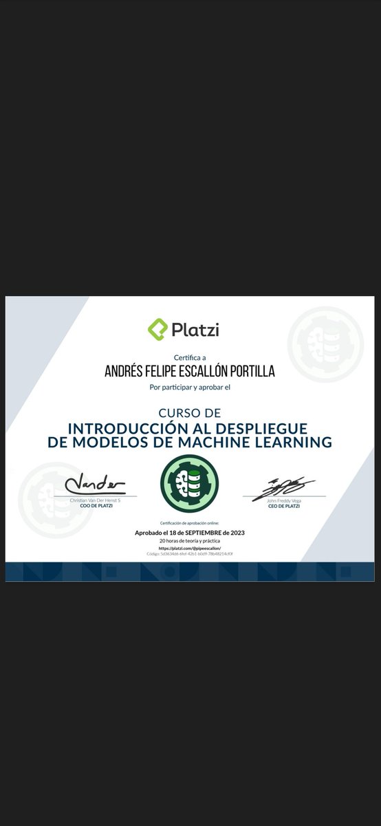 I passed the course of "Machine Learning Models Deployment  (MLOps): DVC / Pipelines / FastAPI-endpoint / CI-CD-CT / Cloud-service", at @Platzi #NeverStopLearning
platzi.com/p/pipeescallon…