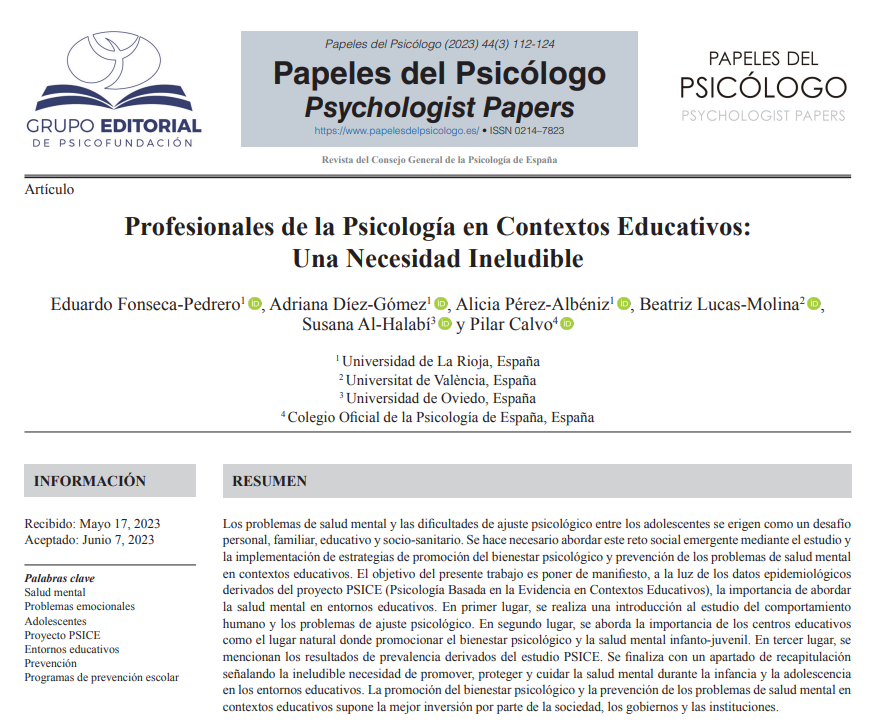 📢 Inauguramos la temporada publicando un artículo que invita a la reflexión con una propuesta necesaria para nuestra profesión y para promover y cuidar la salud mental de los adolescentes en los contextos educativos. ¡Muy recomendable!⭐️
<a href="/EduardoFonsec31/">Eduardo Fonseca Pedr</a> 
papelesdelpsicologo.es/pdf/3018.pdf