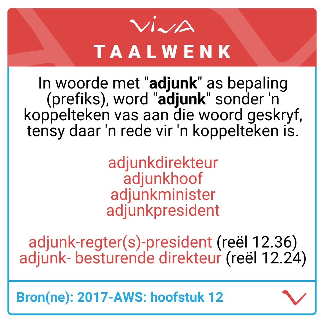 viva_afrikaans's tweet photo. #viva #afrikaans #vivaafrikaans #koppelteken #adjunk
Reël 12.36
Wanneer saamgestelde range en ampsbenamings deur 'n bepaling voorafgegaan word, kom daar 'n koppelteken na die bepaling ook.
Reël 12.24
By afstandsamestellings word daar 'n (afstand)koppelteken gebruik. https://t.co/Fbv9A4Eb9g