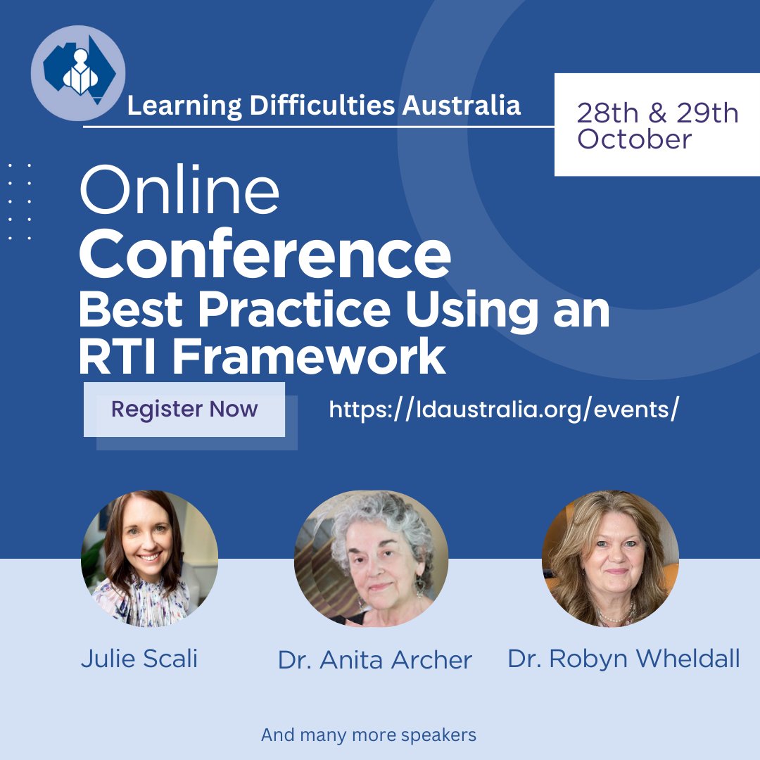 Not long now until our online conference ‘Best Practice Using an RTI Framework’ 
See our website for more information about the event ldaustralia.org/events/