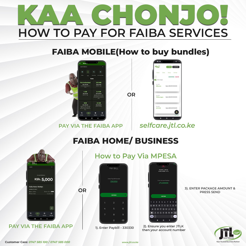 Pay for your Faiba Home or Faiba Business Service from our #FaibaApp 

You can also use Paybill 330330 then key in your JTL account number. Ensure you enter JTLK then the account number to enable automatic update on the account. 

#KaaChonjo #FaibaJTL #GetFaiba