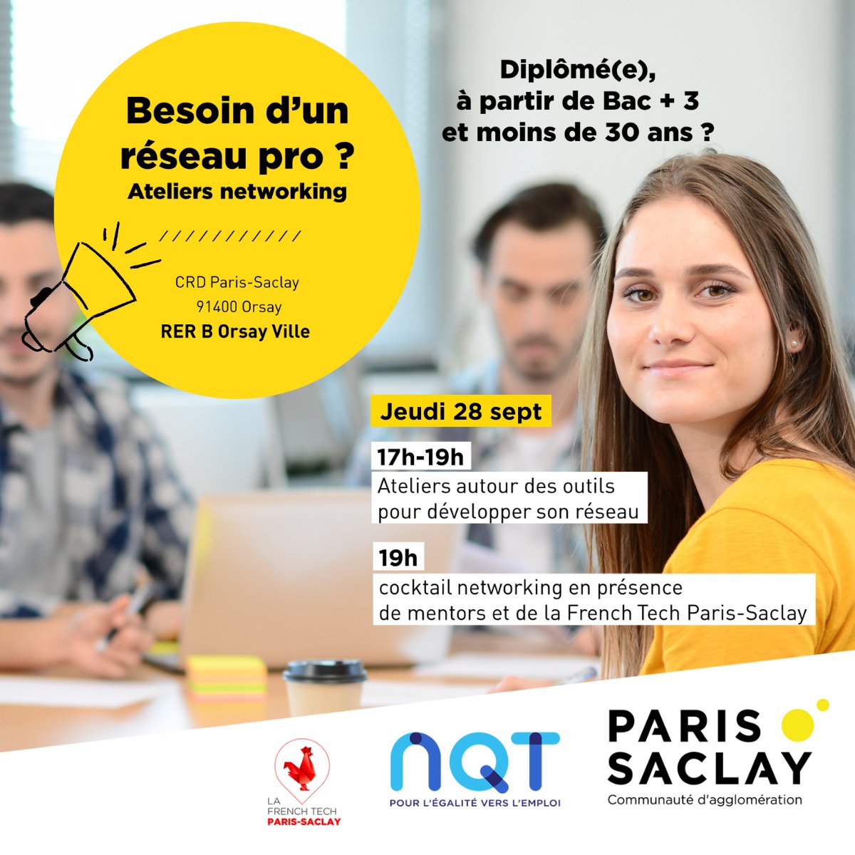 ➡ Vous êtes diplômé à partir de bac +3 et vous avez - de 30 ans ? L’agglo et <a href="/NQTasso/">NQT</a> vous invitent à un événement pour booster votre réseau pro et rencontrer des mentors cadres-dirigeants et des représentants de <a href="/TechSaclay/">French Tech Paris Saclay</a>, le 28/09. Sur inscription 👉 bit.ly/45YTvTq
