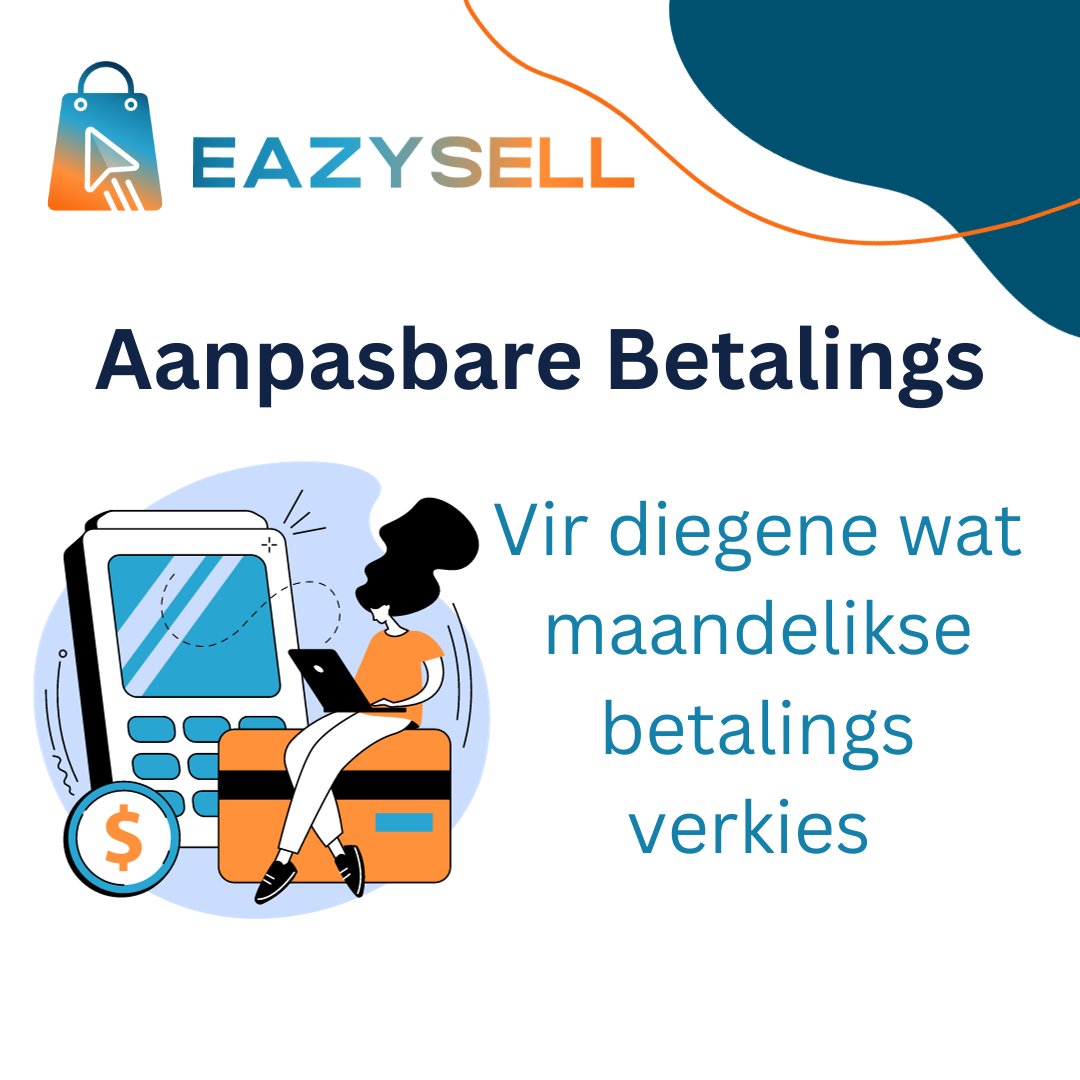 EazySell_'s tweet image. Ontdek Aanpasbare Betalings met EazySell! 🌟 Ideaal vir wie verkies om hulle betalings oor maande te versprei. Kry nou die vryheid om te koop en eers later te betaal. Verken 'n wêreld van gerief vandag! 💳💫 #EazySellBetalings #SlimInkoop #EazySell