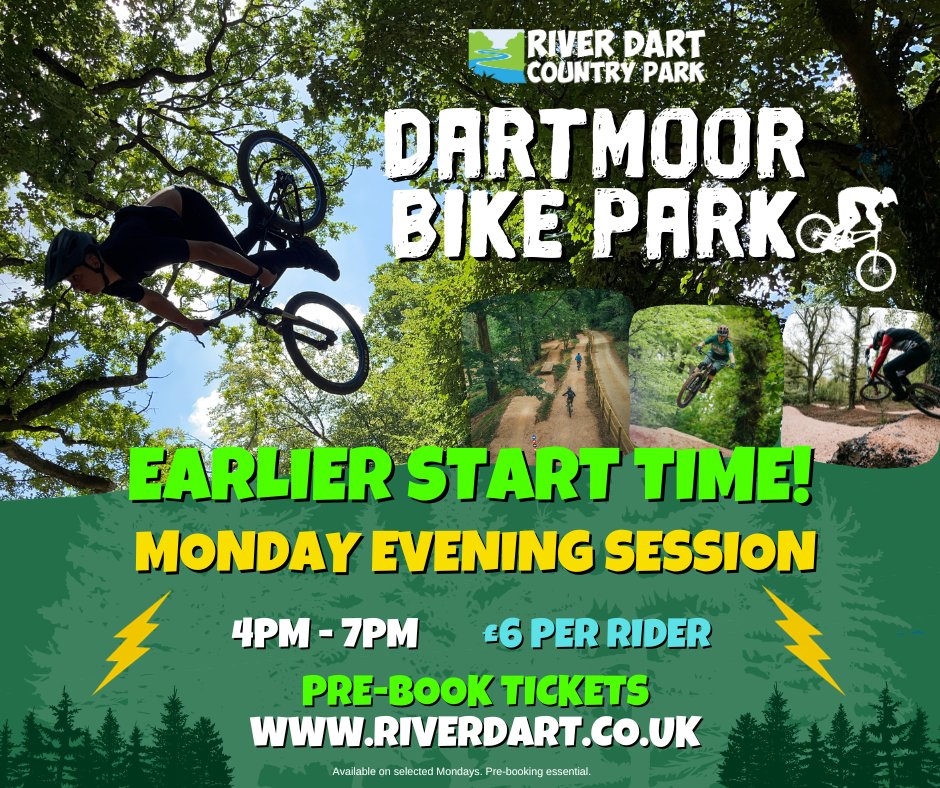 TONIGHT - Dartmoor Bike Park's Monday evening session STARTS AT 4PM. Don't be late!!! PRE-BOOK riverdart.co.uk #mondaymotivation #mtb #mtblife #mtblifestyle #bikepark #bike #track #trails #outdooractivities #devon #dartmoor #dartmoorbikepark #riverdartcountrypark