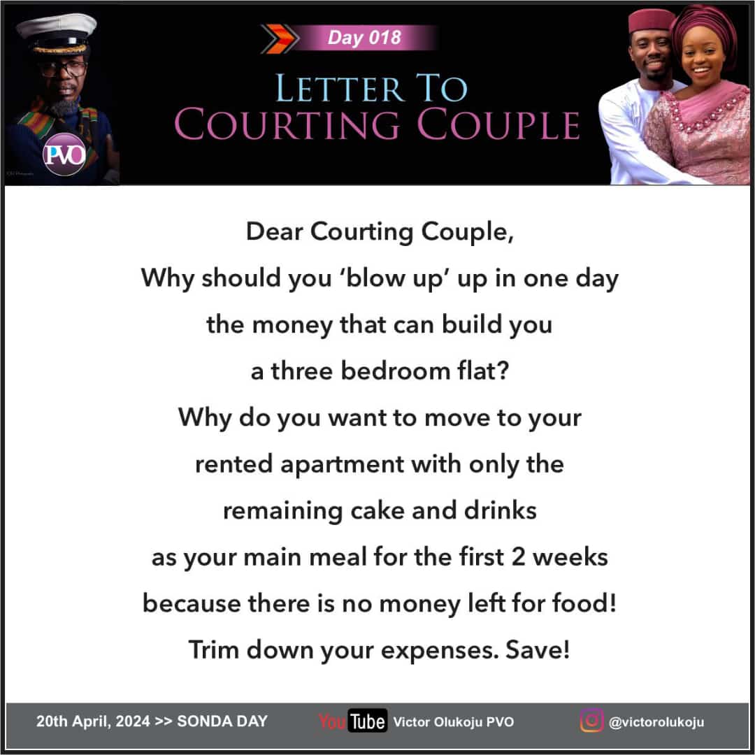 LETTER TO COURTING COUPLE 
Day 18 of 62 Days || 18th,  September, 2023

Share this letter with all your contacts.

#pvo #victorolukoju #friendsofpvo #sexualpurity #sexualpurityacademy #wallfoundation #sexualpurity