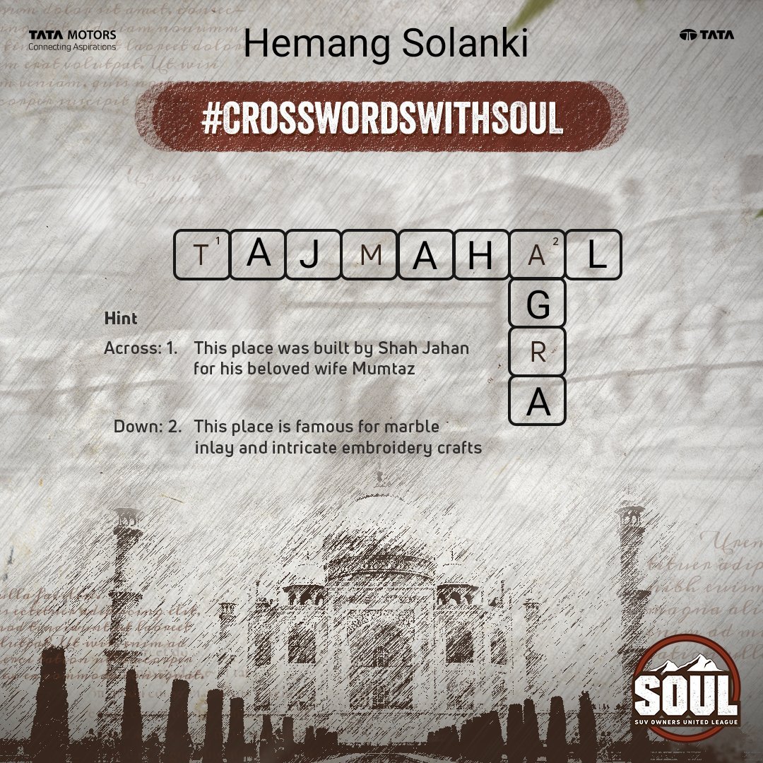 Hemang1612's tweet image. 1. TAJMAHAL
2. AGRA
#DriveWithSOUL #ConnectWithSOUL #CrosswordsWithSOUL #TataHarrier #TataSafari #Puzzle #TataMotorsPassengerVehicles
@TataMotors

Tag
@JayParmarGJ3 
@DTUnadkat9 @Nitish_nix