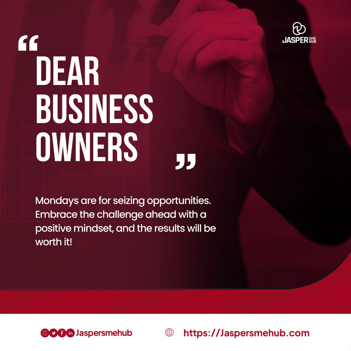 JasperSMEhub's tweet photo. Hello,
Monday is right here without knocking on Sunday's door.
Dear Business Owner,
Embrace the new week with a positive mindset. It is either a win or a win.
Jasper cares.
#JasperSMEHub #SMEs #smallbusinessowner #motivation #mindset #positive #growwithjasper https://t.co/gzFGLb4uYo