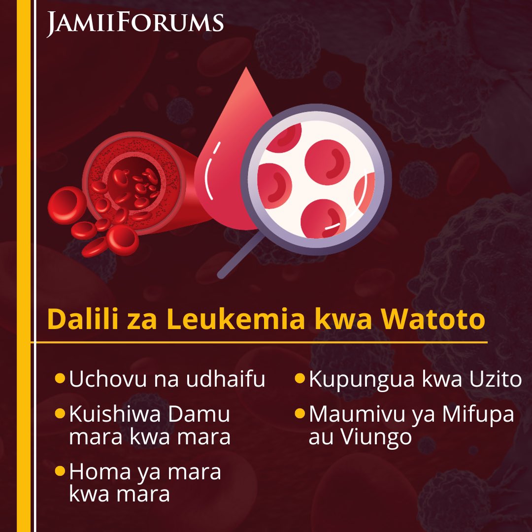 JamiiForums's tweet photo. Watoto wanaweza kuathiriwa na aina mbalimbali za Saratani ya Damu (Leukemia), lakini aina mbili kuu ni Leukemia ya #Lymphoblastic (ALL) na Leukemia ya #Myeloid (AML)

Leukemia ya Lymphoblastic (ALL): Ni aina ya kawaida zaidi ya #Leukemia kwa Watoto. ALL inaweza kutokea kwa Watoto wa Umri wowote, lakini mara nyingi hutokea katika Umri wa Miaka 2 hadi 4

Leukemia ya Myeloid (AML): Aina hii pia huathiri Watoto, ingawa ni nadra kuliko ALL. AML inatokea katika Seli za Myeloid, ambazo ni sehemu ya utengenezaji wa Seli za Damu mwilini

Soma https://t.co/IPjt1Aonsh

#JamiiForums #CCAM #ChildhoodCancer #CancerAwareness #PublicHealth