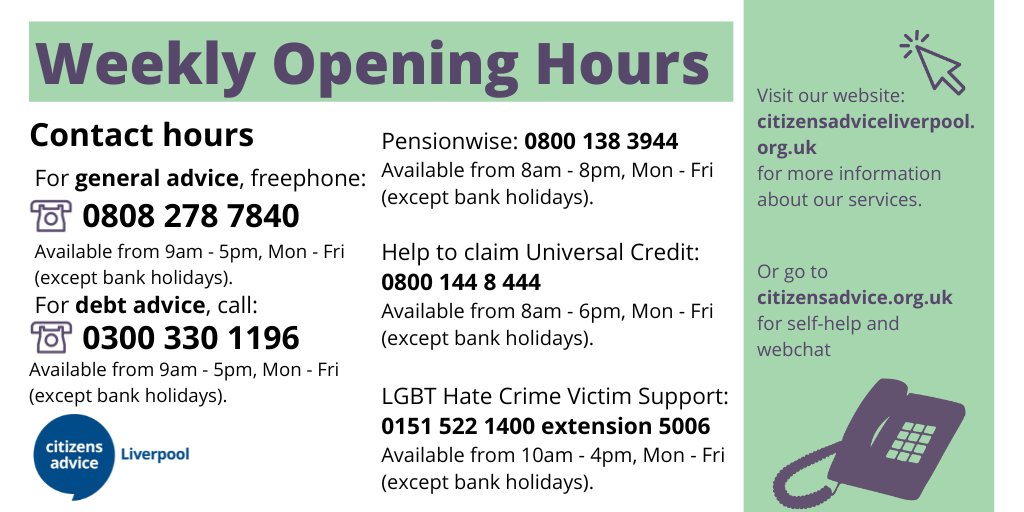 🤗 It's a new week - and we're here to take your calls.  

📱 Call us on 0808 278 7840 to speak to a Liverpool-based general adviser from 9am - 5pm.

Want to speak to someone face to face? We have several drop-ins across Liverpool. Full details here:

lght.ly/bnil41m