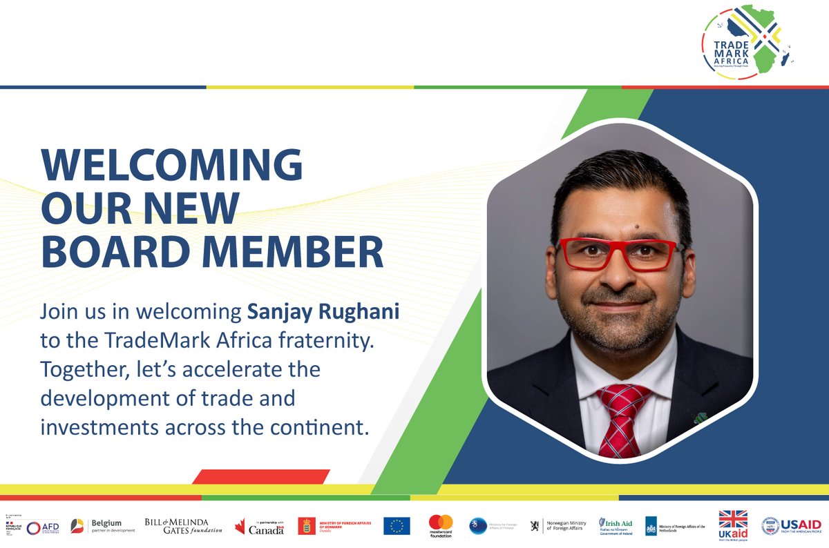 TradeMark Africa (@trademarkafrica) on Twitter photo We are thrilled to announce that Sanjay Rughani <a href="/srughani/">Sanjay Rughani</a> has joined <a href="/TradeMarkAfrica/">TradeMark Africa</a> as a Board Member. Sanjay brings on board a wealth of experience in development finance institutions with networks across Africa, Asia, Middle East, Europe, and the USA. We are thrilled to announce that Sanjay Rughani <a href="/srughani/">Sanjay Rughani</a> has joined <a href="/TradeMarkAfrica/">TradeMark Africa</a> as a Board Member. Sanjay brings on board a wealth of experience in development finance institutions with networks across Africa, Asia, Middle East, Europe, and the USA.