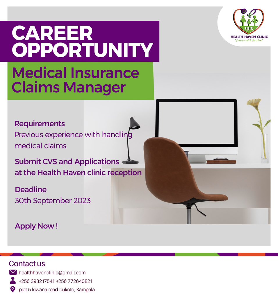 Career Opportunity. 🚀 
Health Haven Clinic is looking for a talented Insurance Claims Officer to help make a positive impact on healthcare. Ready to be part of a dedicated team? Apply now and be a key player in promoting health and well-being!
#HealthHavenClinicUg