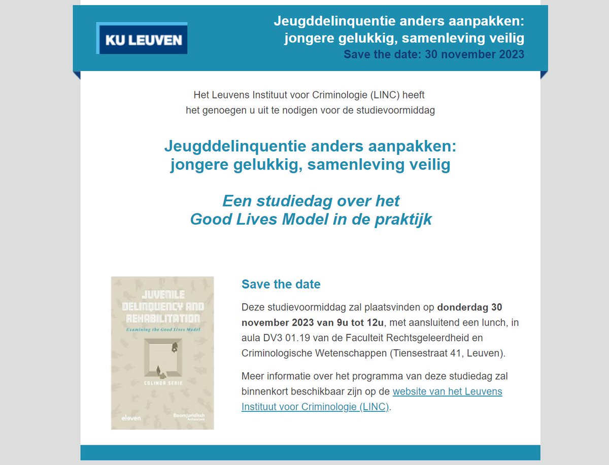 Studiedag 30 november 2023: 'Jeugddelinquentie anders aanpakken: jongere gelukkig, samenleving veilig. Een studiedag over het Good Lives Model in de praktijk'
kuleuven.be/apps/mailtempl…

Boek 'Juvenile Delinquency and Rehabilitation' <a href="/ColindaSerie/">Colinda</a> elevenpub.com/en/product/100…