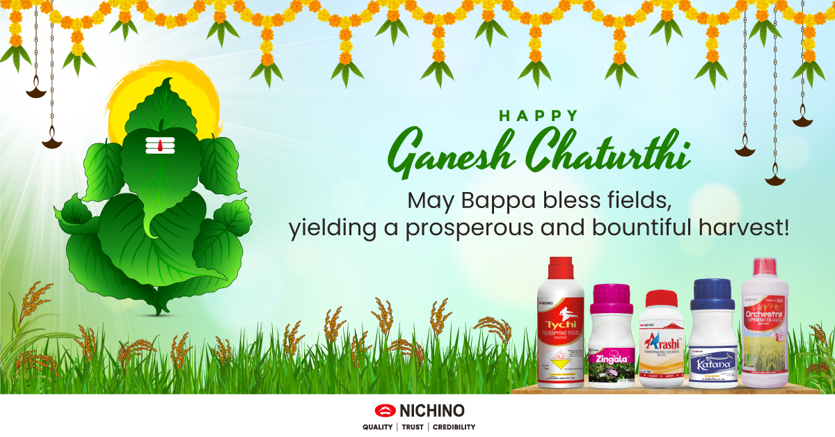 Happy Ganesh Chaturthi from Nichino India! May these blessings transform your fields into treasures and shower your family with good health! Ganpati Bappa Morya!

#NichinoIndia #HappyGaneshChaturthi #GaneshChaturthi #Ganpati #Bappa #Farmers #Fields #Harvest #HealthyFarms
