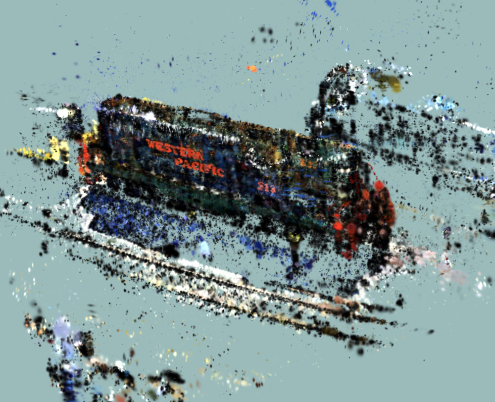 Some progress. Now with spherical harmonics colors and (incorrect) splats. At least it looks a bit like a train already.