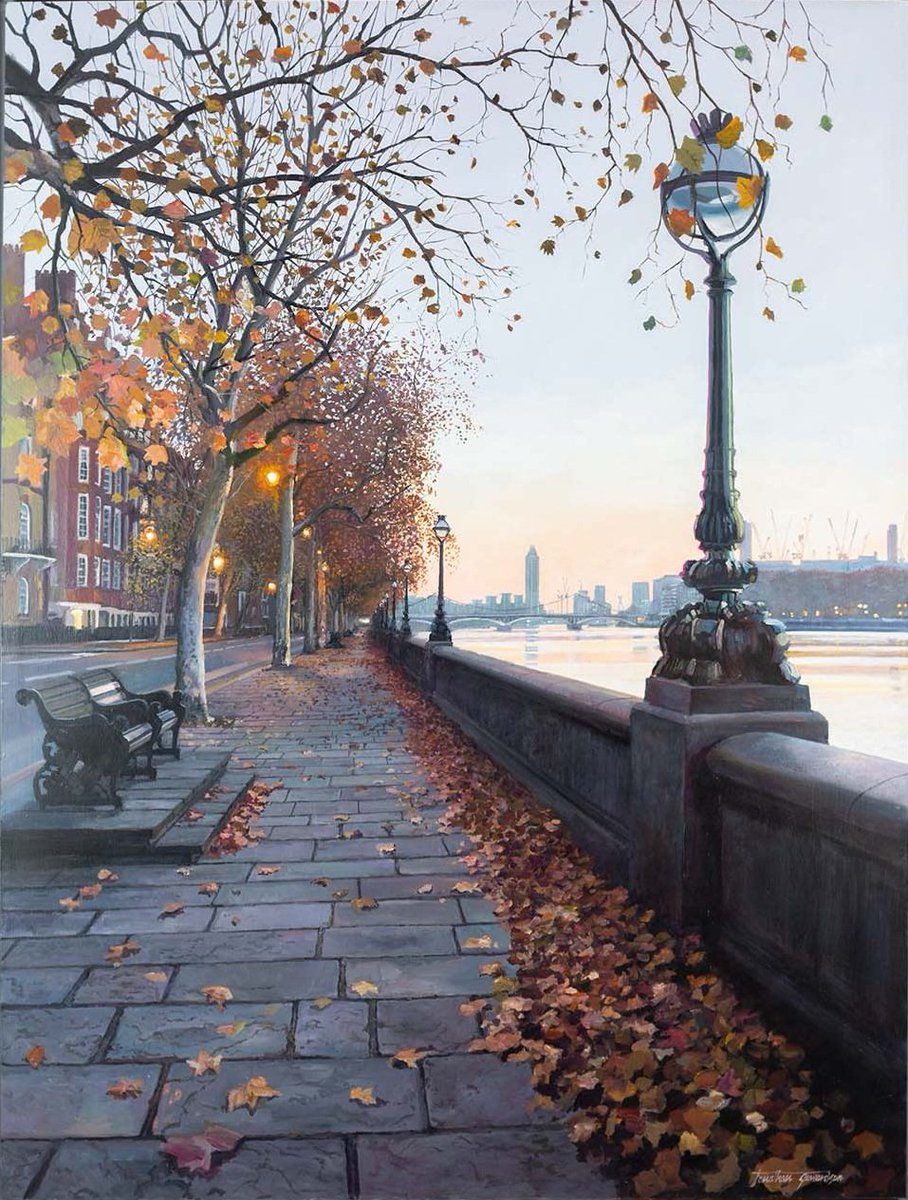 PaintingsLondon's tweet photo. Good morning! 
This week's theme is Autumn 🍂
------
'Towards Chelsea Bridge' by Jonathan Stewardson 
https://t.co/IHcNlZSRfT https://t.co/iieVfg7bky