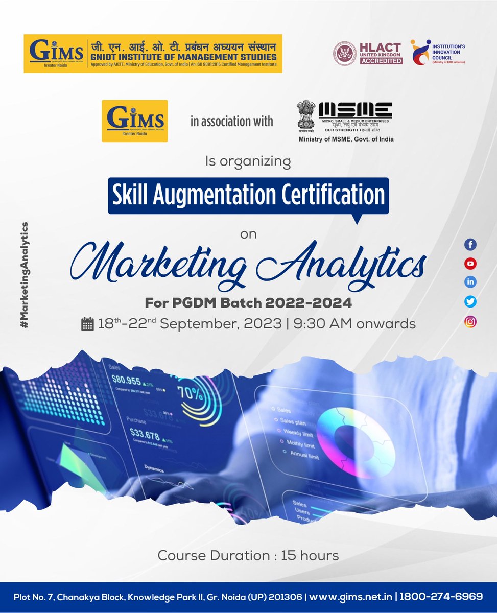 GIMS, Greater Noida in association with Ministry of MSME, Govt. of India is organising a Skill Augmentation Certification(SAC) on 'HR Analytics' for PGDM Batch 2022-24. 

#HRAnalytics #GIMS #SkillAugmentation #CareerDevelopment #PGDM #GrowthOpportunity #IdeatoExecution