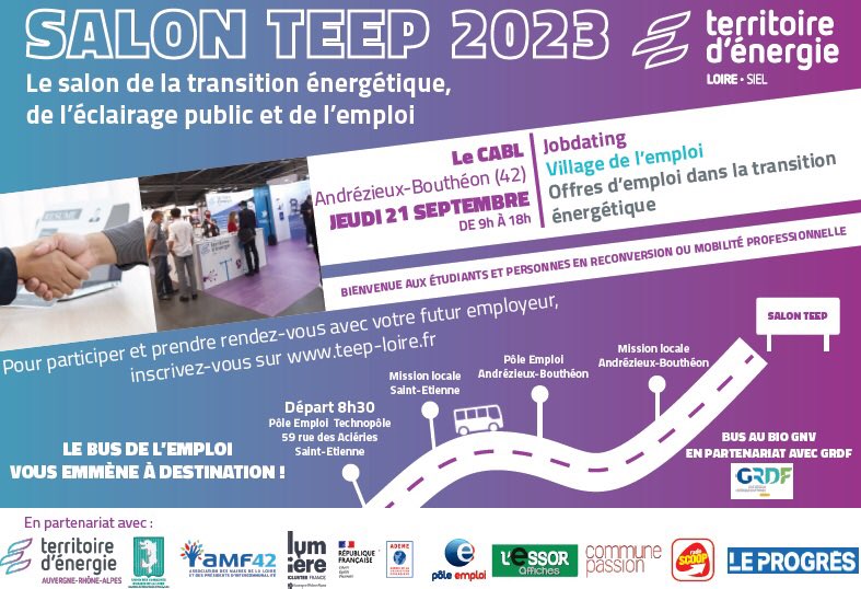 🗓Ne manquez pas le RDV #transitionenergetique Jeudi 21/09 ⚡️@poleemploi_ara   partenaire du salon #teep2023 dans la #loire 
💡la filière #energie #enr recrute ! 
➡️ Job dating, village emploi ;transport possible avec un bus #biogaz 
teep-loire.fr 👇
