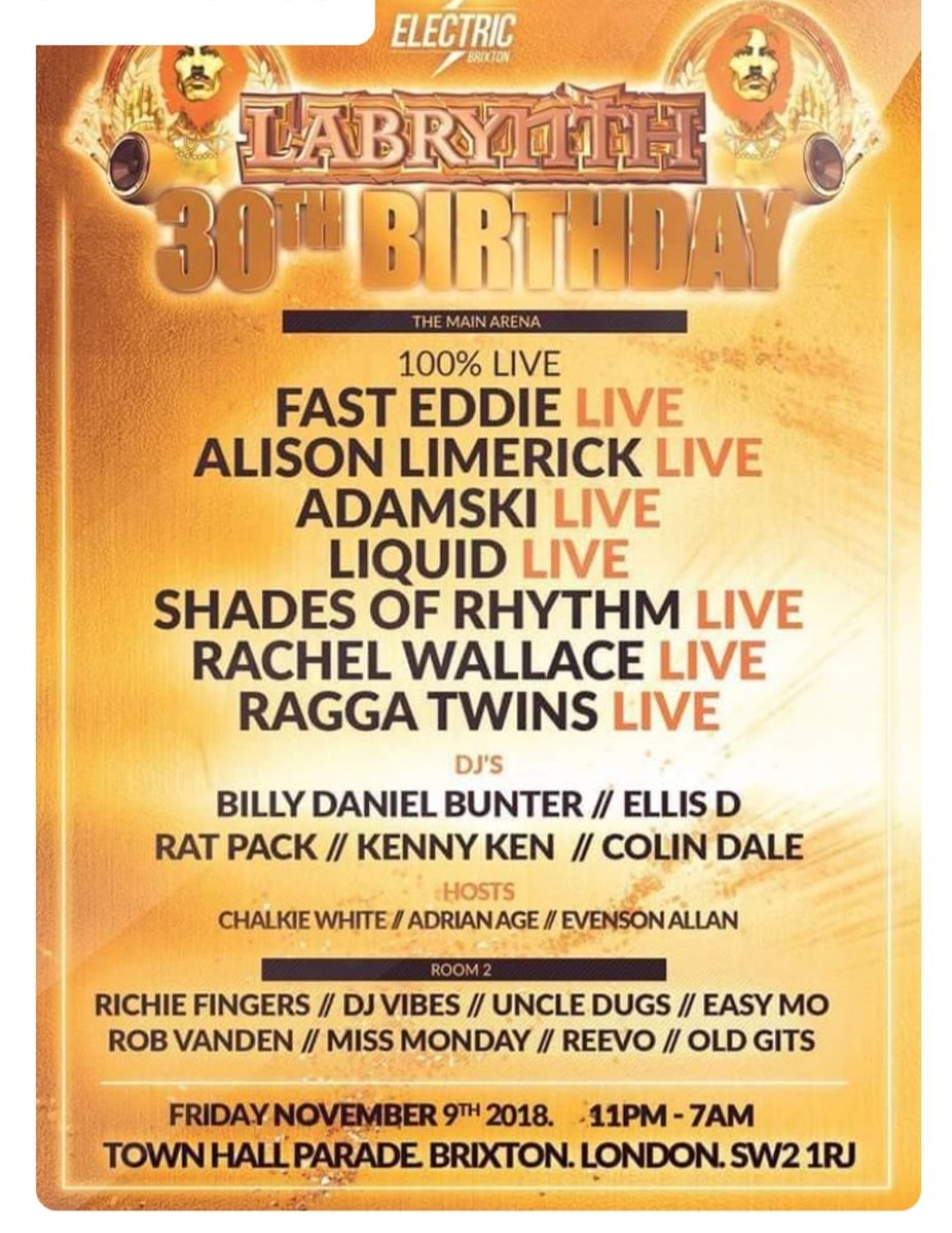 MissMonday's tweet photo. Cannot believe this was nearly 5 years ago !!!! 35 years of Labrynth
#clublabrynth #electricbrixton #fasteddie #alisonlimerick #adamski #liquid #shadesofrhythm #raggatwins #rachelwallace #richiefingers #djvibes #uncledugs #reevo #oldgits #robvanden #MissMonday #easymo #ellisd https://t.co/7psKyqymG3