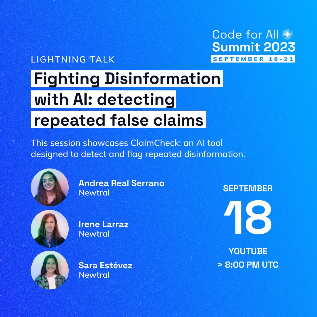 Newtral_edu's tweet photo. ❌💻 Hoy participamos en el encuentro @CodeforAll para presentar nuestra tecnología #ClaimCheck de IA frente a la desinformación 🔎
▶️ Síguelo en directo en este enlace:
https://t.co/OUOZMkIl3M
ℹ️ Más información del encuentro: https://t.co/08fT7PhRbf
#CivicTech https://t.co/NJvZHDKOPQ