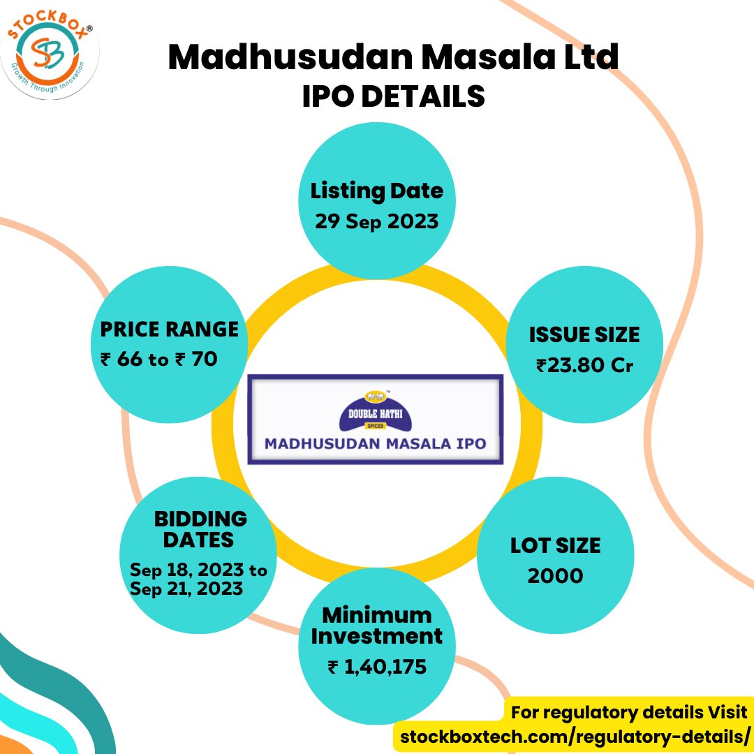 #IPOAlert  Madhusudan Masala Ltd is an established company engaged in the manufacturing, processing, and marketing of more than 32 different types of spices. These spices are sold under the popular brand names of 'DOUBLE HATHI' and 'MAHARAJA'. #Madhusudanmasala #IPO #StockToWatch