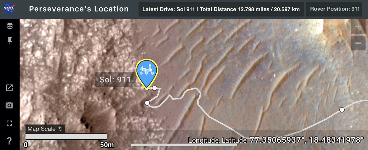 On Sol 911 (9, Sept. 2023), on week 135, #NASAPerseverance set a new record traversing West oh Belva’s rim with an approx. total of 318 meters going west to its new science campaign to collect more samples at the Margin Carbonate Unit, with 2,054 meters left to go. 🧵

#SpaceHour