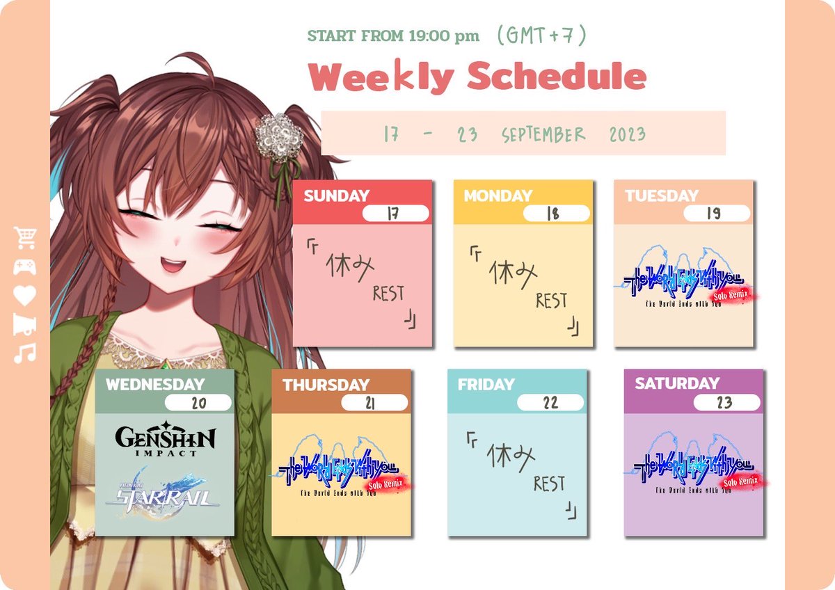 verdelite110's tweet photo. #Verdelive weekly schedule: 17-23 September 2023
Starts from 19.00 GMT+7 
@/YT Verdelite PowerPay Ch. &amp; PowerPay FB

TWEWYน่าจะใกล้จบแล้ว٩( 'ω' )و

#Verdelite #Verdel #gaming #Vtuber #Vstreamer
FA: #VerdelArt
🍩🍀 https://t.co/1XfUW8QsCW