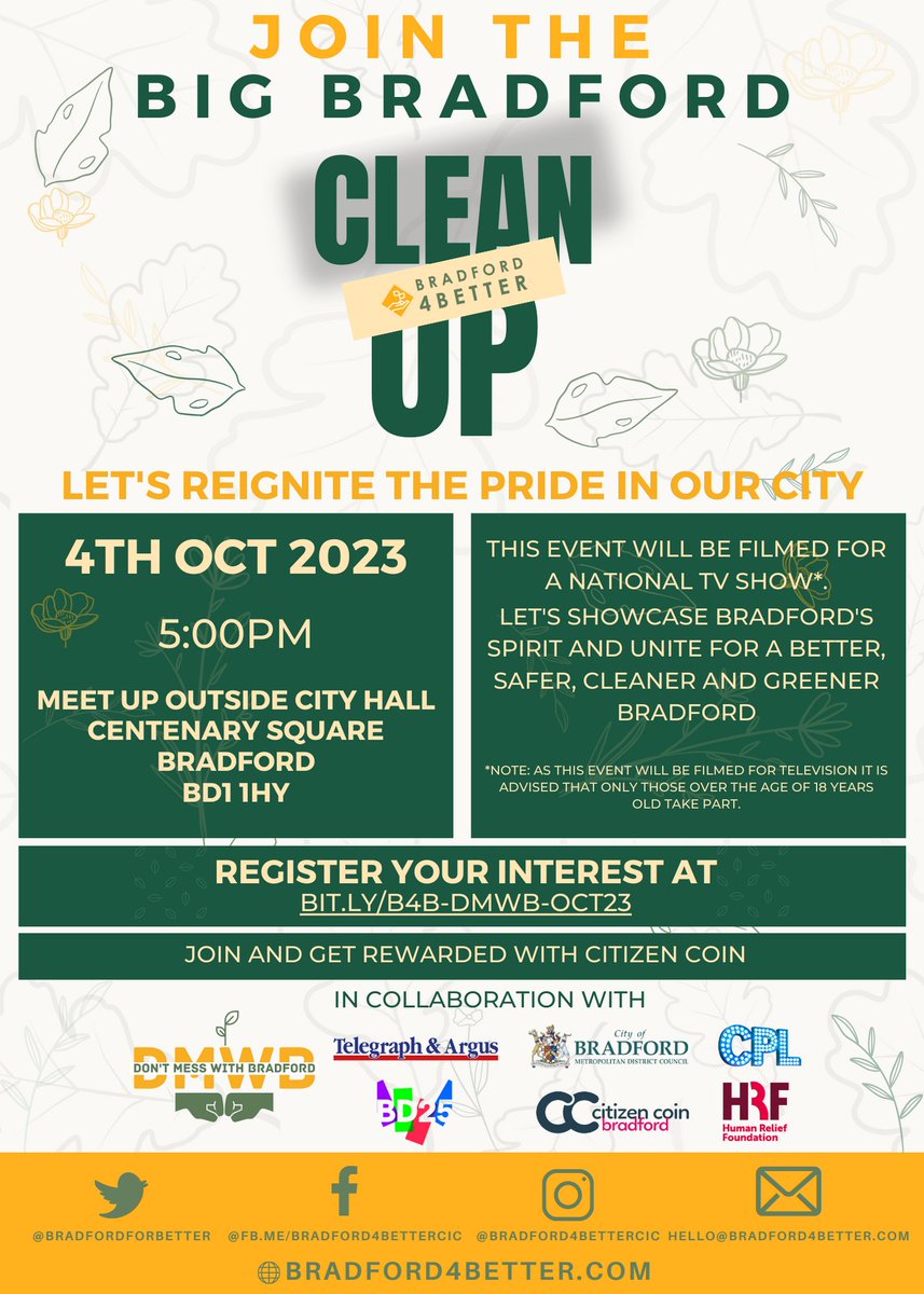 bradford4better's tweet photo. 🌟 Join us for a special event w/ comedians Nish Kumar &amp; Josh Widdicombe from TV Show "Hold the Front Page"! Let's clean up our streets &amp; showcase Bradford's true spirit. 💪

🗓️ Oct 4th, 2023
⏰ 5:00 PM
📍 Centenary Square

Register now at https://t.co/VpjiZj6UPa #DMWB https://t.co/u4765oArAY
