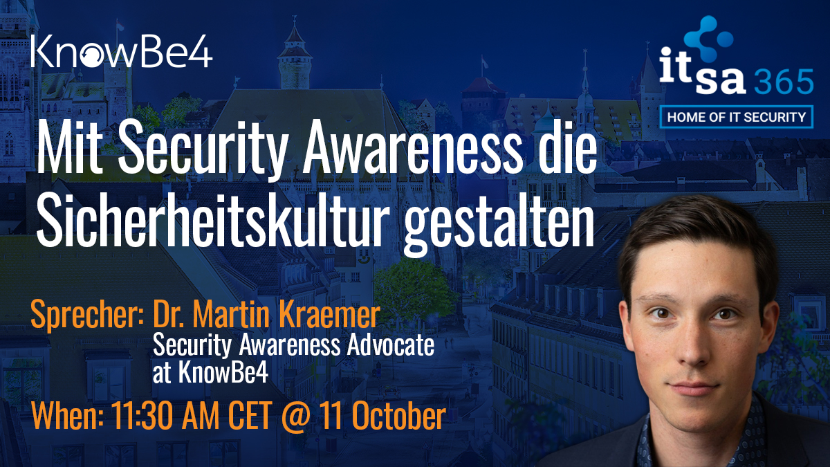 Besuchen Sie den Vortrag von Dr. Martin Kraemer, Security Awareness Advocate bei KnowBe4, auf der it-sa. Martin wird erörtern, wie Sie Security Awareness nutzen, um Ihre Sicherheitskultur nachhaltig zu fördern. bit.ly/44WlaUd #itsa